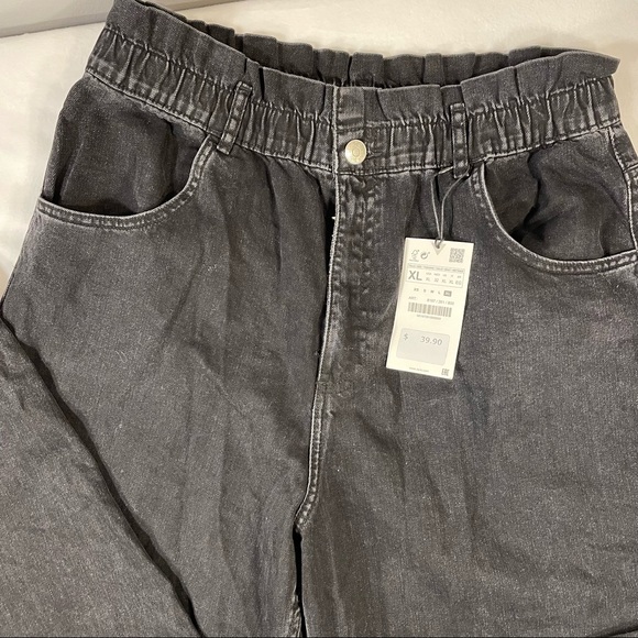 NWT Zara Black Elastic Paper Bag Waist Ultra High Rise 100% Cotton Jeans Size XL - Picture 6 of 16